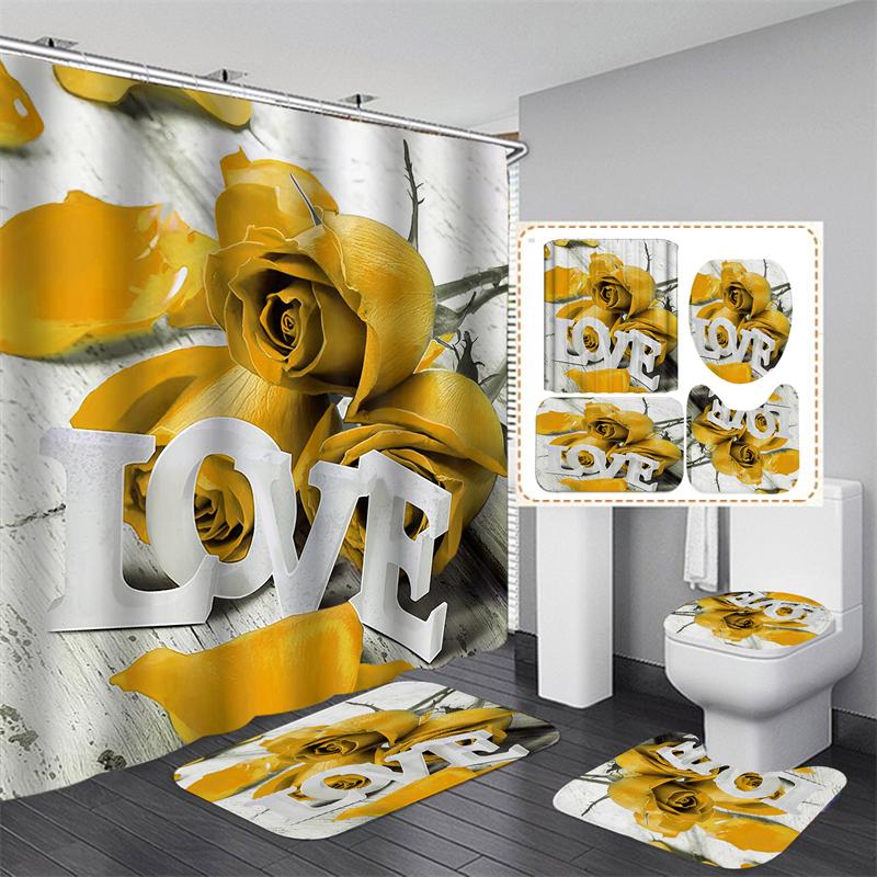 Занавеска для душа с цветком розы, водонепроницаемая полиэстеровая занавеска для ванной комнаты с крючками, занавеска для ванны, мягкие напольные коврики, нескользящий коврик для ванной, декор для ванной комнаты, 4 шт.