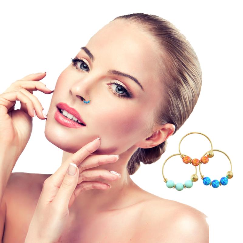 9K Yellow Gold 3 Pieces Opal Stones Hoop Nose Ring In Box - Quality Piercings