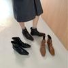 Autumn new thick heel retro square head pleated rear zipper leather short boots medium boots black coffee brown