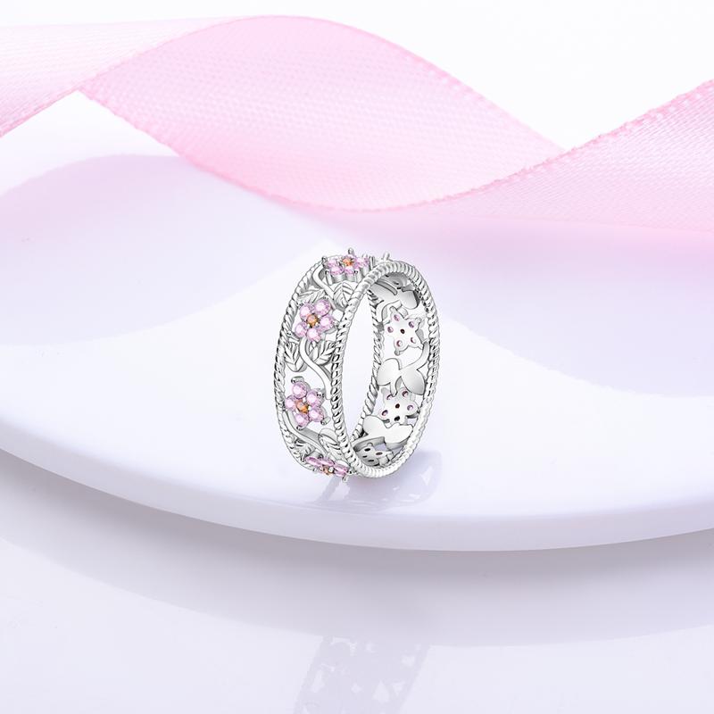 Charms Spring 925 Silver Color Rings Pink Heart Shaped Zircon Cat Rings for Woman Fine Romantic Wedding Engagement Jewelry Gifts