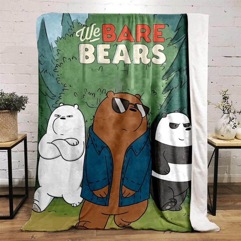 Three cartoon bears with distinct expressions walking in a forest. for all seasons blanket lunch break throw gift