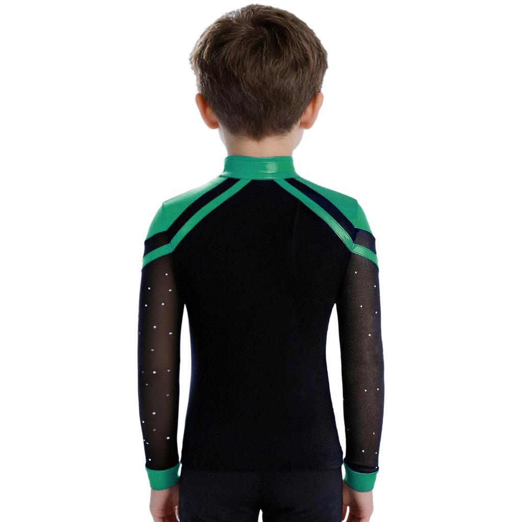Boys Skating Performance Top: V-Neck Long Sleeve Rhinestone Color Block with Split Hem for Competition Costume