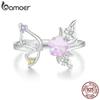 Bamoer 925 Sterling Silver Sweet Pink Flower Opening Ring Zircon Butterfly Adjustable Ring for Women Romantic Birthday Gift