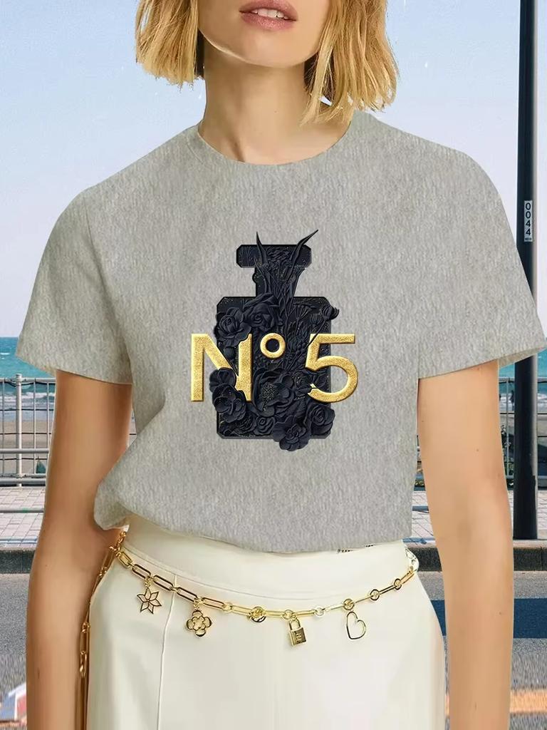 Luxury Brand Fashion Black Perfume Surrey Printed Crew Neck Clothing Short Sleeve Summer Women's Trend Y2K Oversized Tops