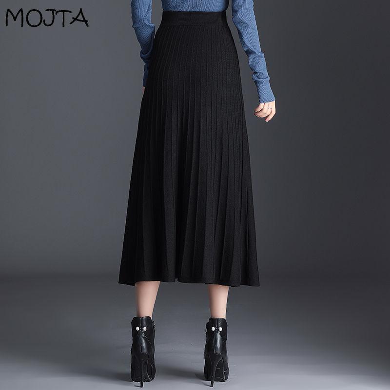 Женская осенне-зимняя вязаная юбка, женская юбка с высокой талией, тонкая плиссированная юбка трапециевидной формы средней длины