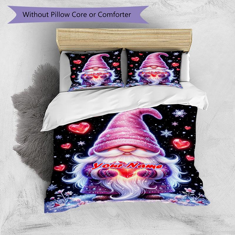 3PC Custom Name Gnome Hearts Snowflakes Bedding Set Duvet Cover Closure Includes 1 Duvet Cover & 2 Pillowcases for Bedroom