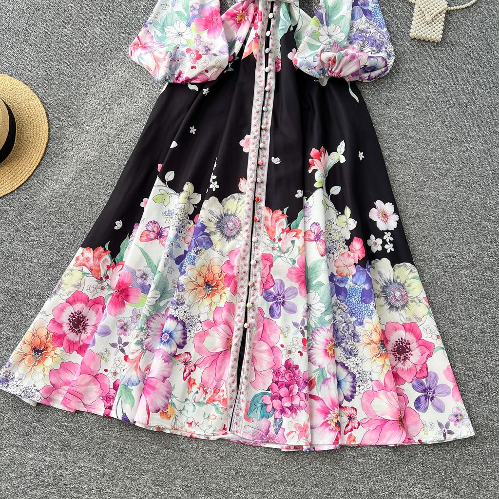 Весна-лето Женские однобортные платья с рукавами-фонариками и принтом, длинные макси, для отдыха на пляже, с поясом