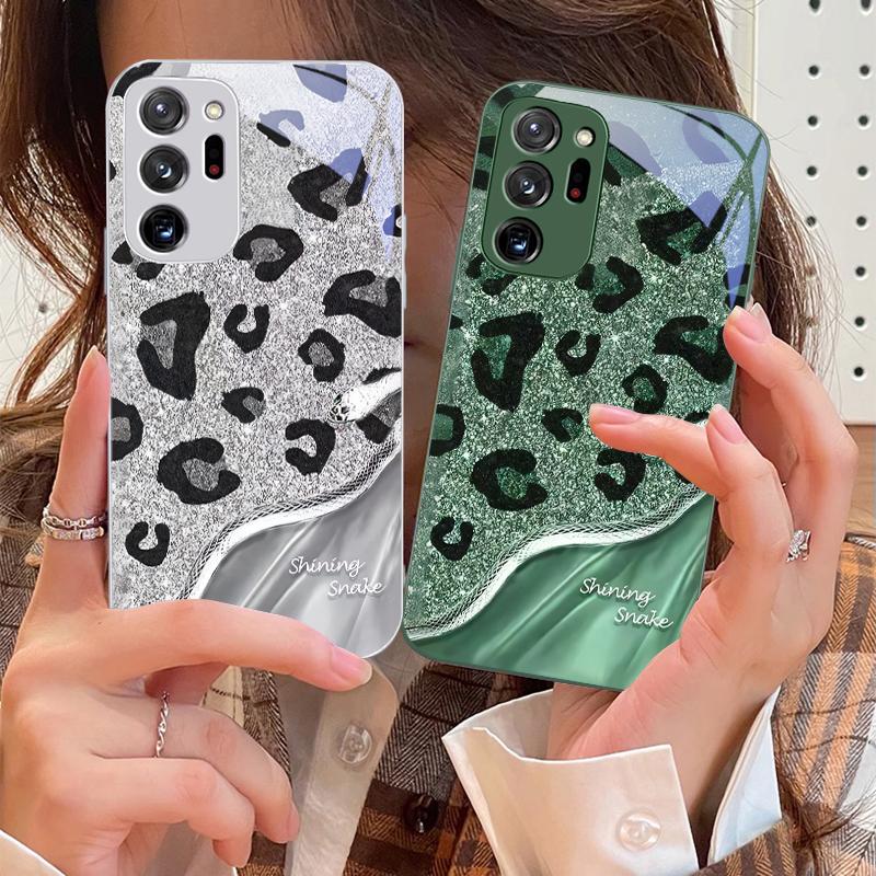 Чехол-бампер из закаленного стекла с пайетками в виде леопардовой змеи для Samsung Galaxy Note 8 9 10 PRO 20 Ultra A01 02 03 Core 04E 4G 12 13 5G