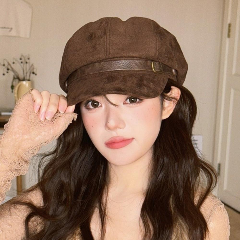 Warm Newsboy Hat Flat Top Women Octagonal Hat Casual Suede Berets Autumn Winter
