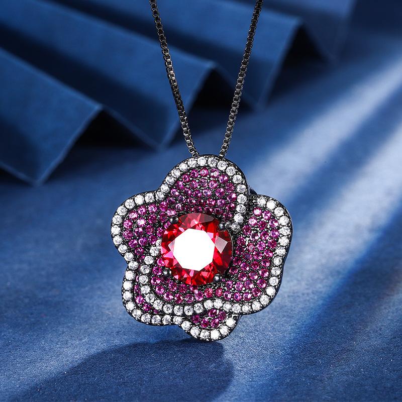 Jewelry Copper Bottom Gold-Plated Simulation Red Corundum Flower Black Gold Suit Female 10-8Mm