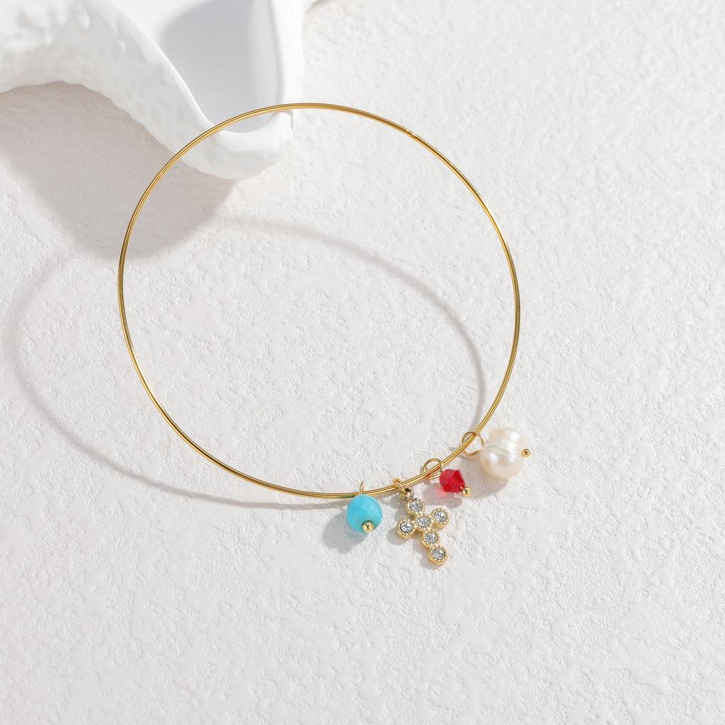 Atoztide Trendy Multi-Element Zircon Cross Star Bracelet for Women Stainless Steel Gold Color Bead Bangle Christmas Jewelry Gift