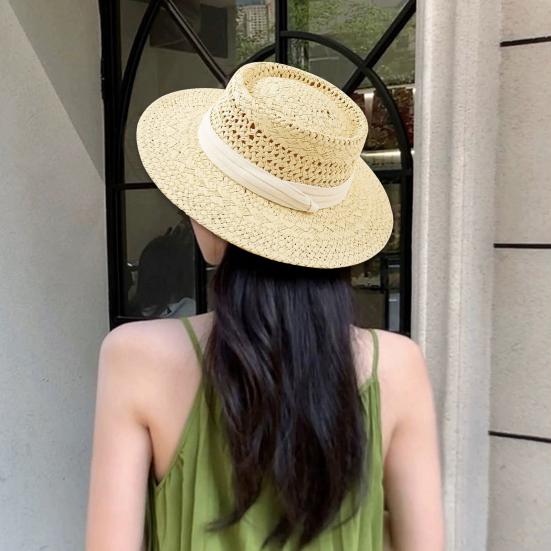 Женская летняя шляпа от солнца соломенная плетеная в стиле ретро в английском стиле с плоским верхом, сплошная цветная шляпа с широкими полями, защита от УФ-лучей, пляжная кепка для отпуска