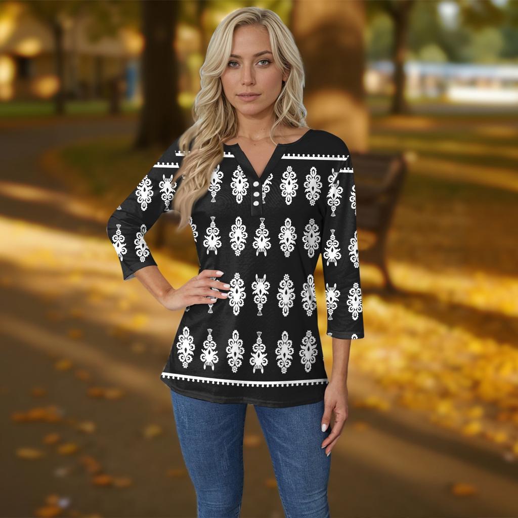 Жен. Футболка Футболка С принтом Пуговицы Рукав 3/4 Повседневные Выходные Мода Классический Классический V-образный вырез Обычный Верх