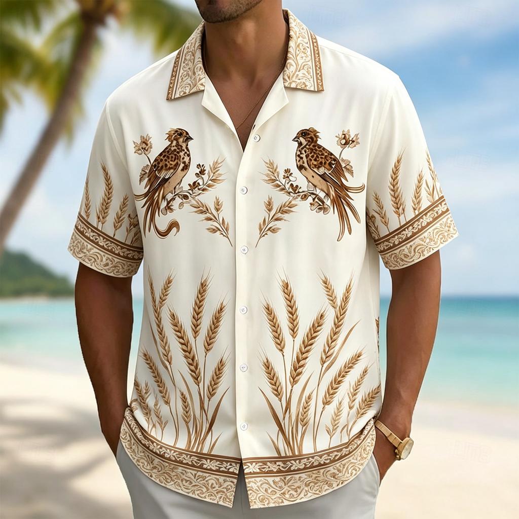 Men's Flamingo Print Short Sleeve Shirt, Casual Collar Tops, Tropical Palm Leaf Style For Spring & Summer