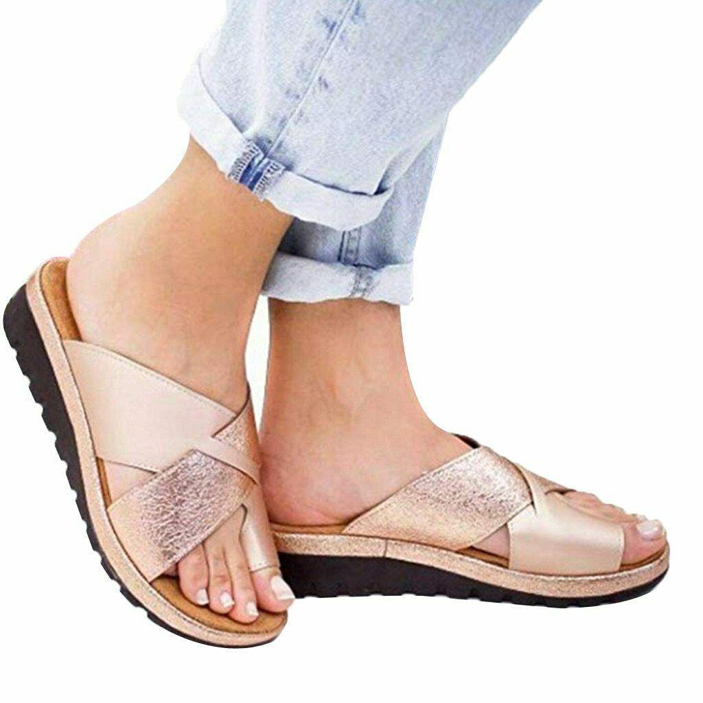 Elegant Women Shoes Sandal Comfy Platform Flat Sole Orthopedic Big Toe Foot Pu Leather