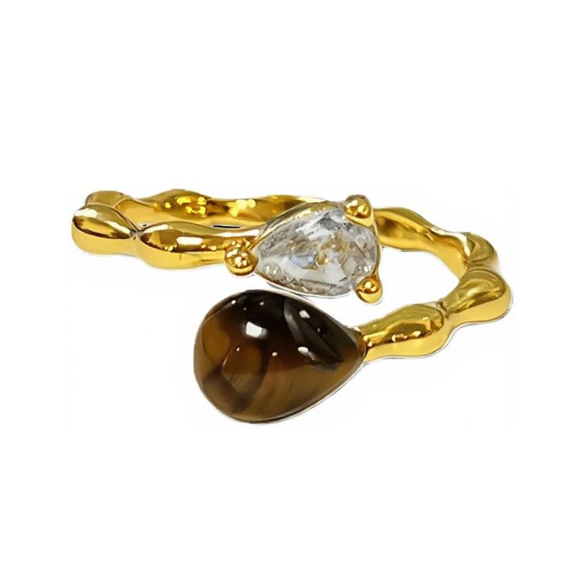Autumn and winter advanced sense adjustable index finger ring niche Maillard tiger's eye stone gold ring women's light luxury stacked ring