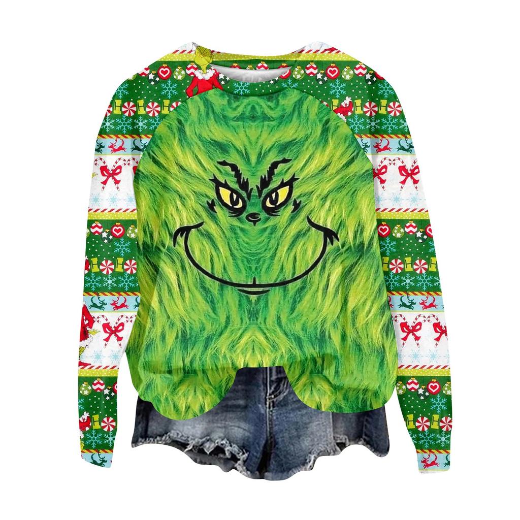 Женская мода повседневная толстовка с длинным рукавом и вставкой на плече с принтом на Хэллоуин с круглым вырезом