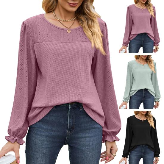 Женские топы с длинным рукавом и круглым вырезом, сетчатые топы, однотонные, дышащие, с рукавами-фонариками, повседневная футболка, повседневная одежда