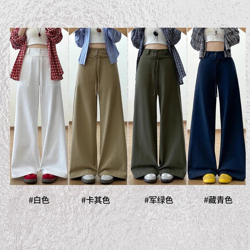 Army Green Cotton Casual Straight-leg Pants Women's New Design High Waist Straps Loose Sports Wide-leg Pants
