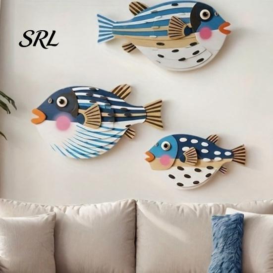 Entryway Decorative Pendants 3Pcs Wooden Pufferfish/Fish/Seagull/Swallow Wall Decor, Nautical Fish Art, Rustic Coastal Decoration, Artistic
