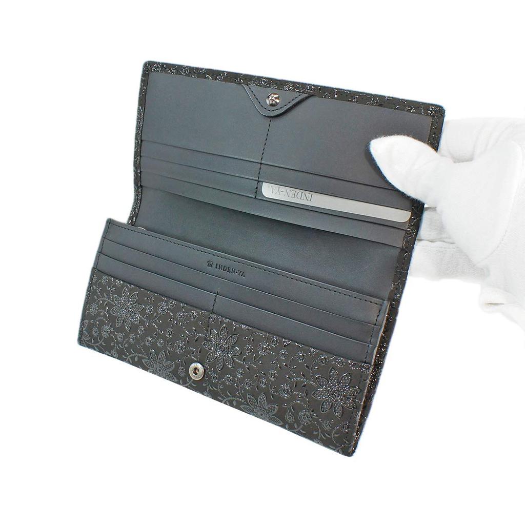 Длинный кошелек Inden Q с кошельком для монет из черной оленьей кожи и черного лака с узором «клематис» [Indenya] 2308-01-169