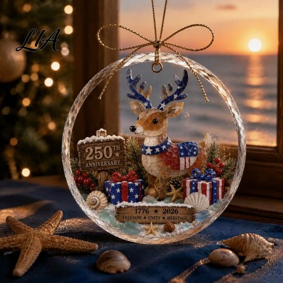 Vintage Christmas Party Supplies 250 Anniversary USA Sea Glass Ornament, 1776-2026 Patriotic Faux Crystal Holiday Season Ornament Clear Keepsake,