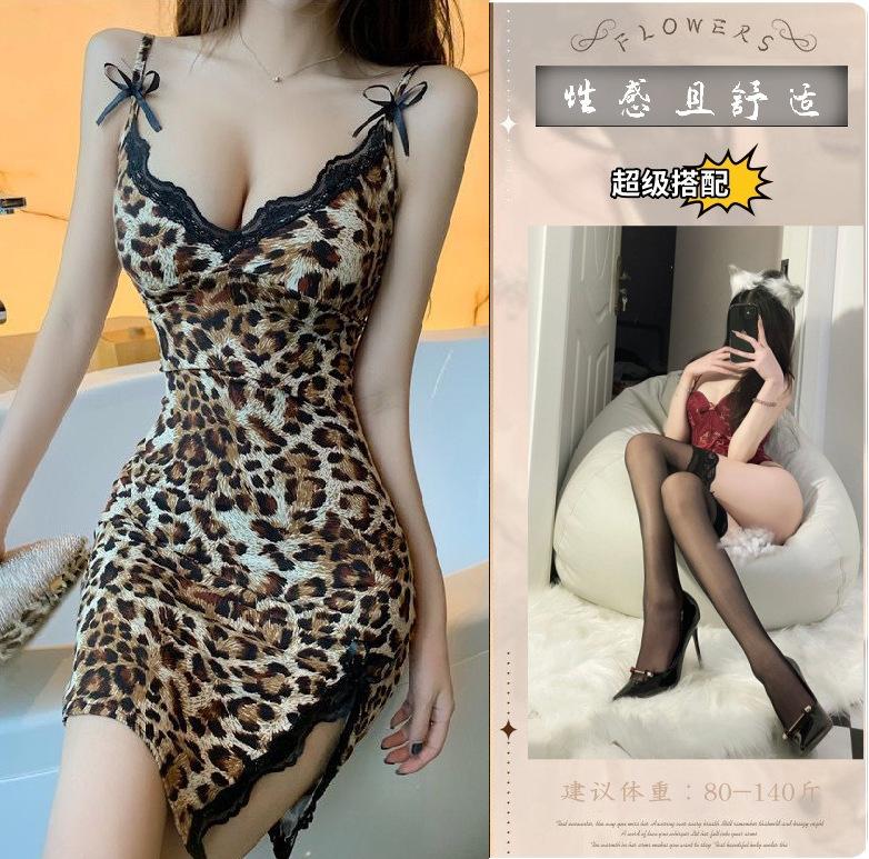 Sexy lingerie leopard print suspender nightgown passion seduction lace bed flirting suit flirting lingerie