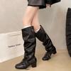 Sexy Lace Up Solid Black Boots Women 2025 Winter Square Toe Low Heel Woman's Knee High Boots Brand Design Mary Jane Shoes Autumn