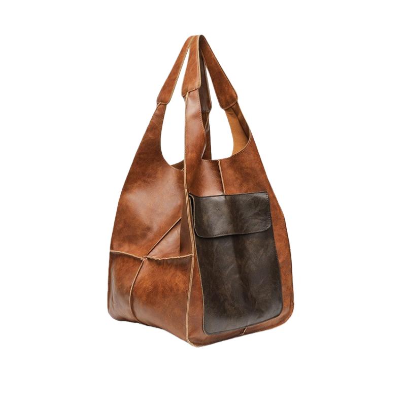 Retro Soft Leather Tote Bag Casual Patchwork Large Capacity Handbags Versatile Color Blocked Splicing Women's Underarm Bag