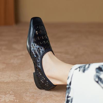 Модные женские туфли-лодочки на низком каблуке с квадратным носком из натуральной кожи, весна-лето, лаконичные офисные женские рабочие туфли с вырезами для женщин