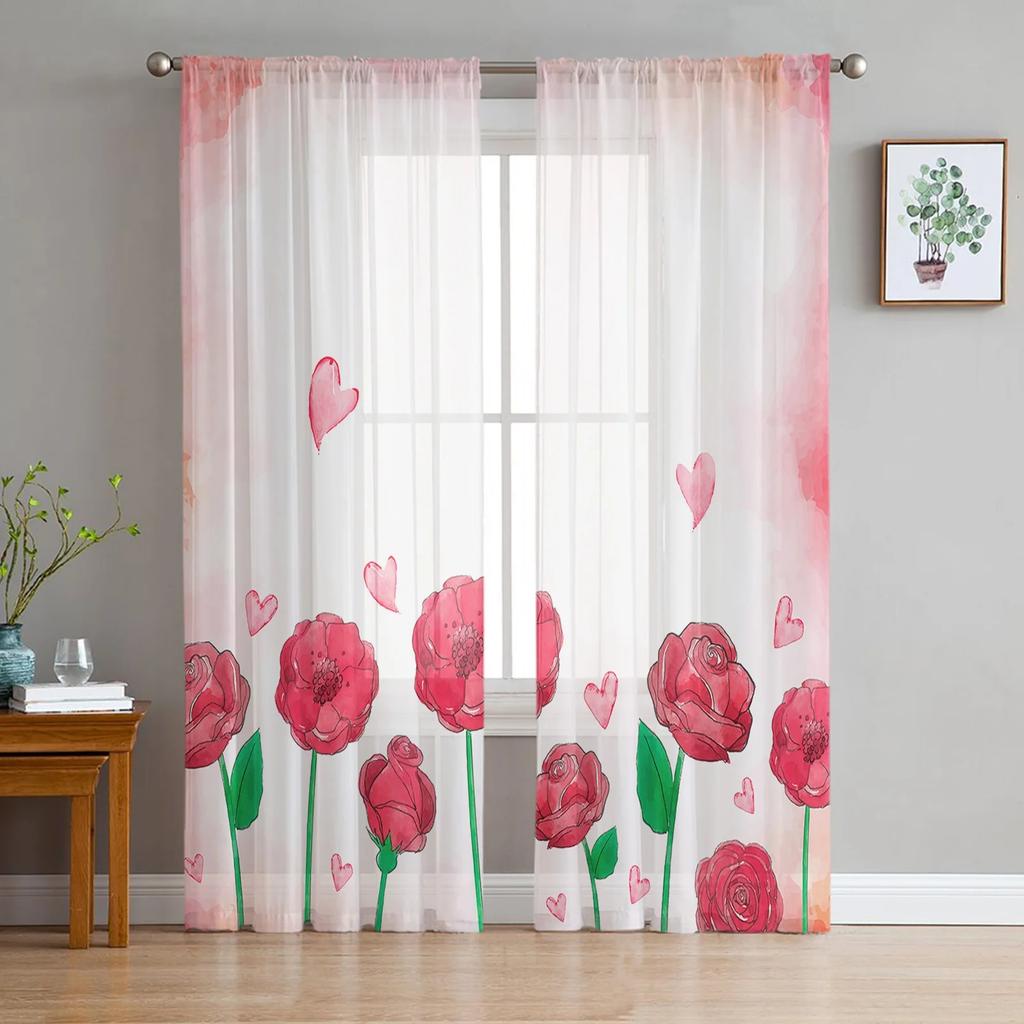 Pink Rose Romantic Luxury Tulle Curtains Modern Living Room Kitchen Chiffon Curtain Bedroom Sheer Valance Curtain