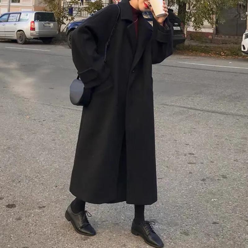 Осеннее женское элегантное шерстяное пальто, корейская мода, черная универсальная длинная куртка, женская зимняя утепленная теплая свободная одежда, новое пальто