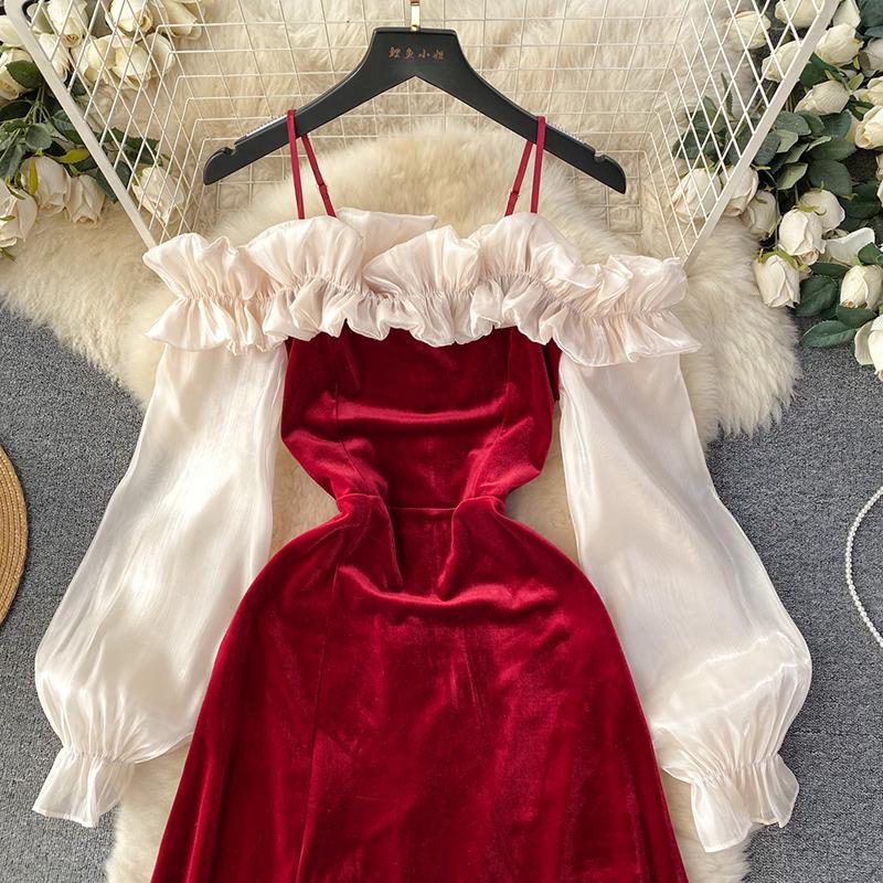 Elegant Ruffle Patchwork Velvet Dress Women Contrast Color Long Sleeve Split Evening Dresses Autumn Winter New Sweet Red Prom Clothes