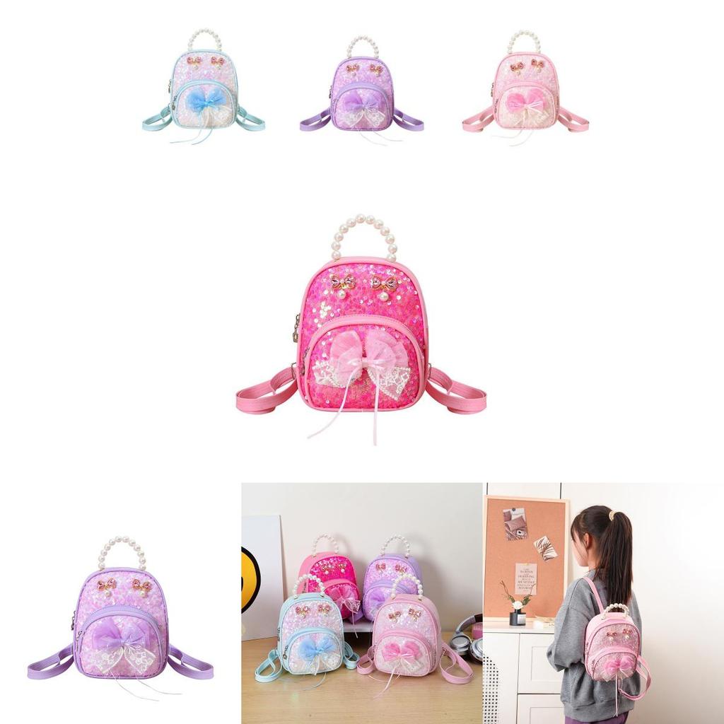 Childrens Cute Pink Pu Double Shoulder Bag With Artificial Pearl Hand Held And Bow Decor For Kindergarten