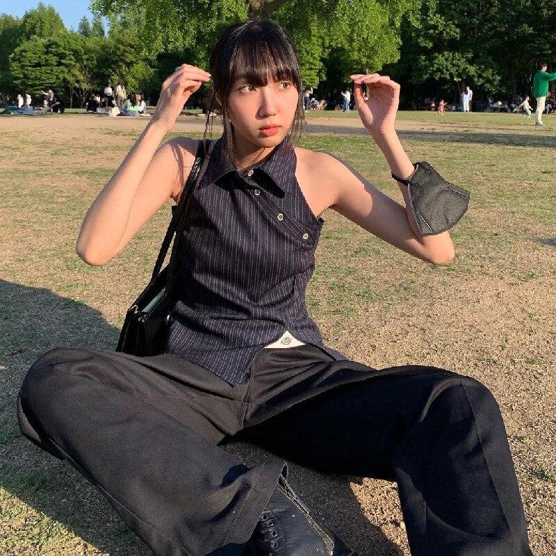 2023 Summer Sexy Y2k Crop Tank Tops Streetwear Halter T-shirt For Women Irregular Diagonal Buckle Vest Blouse Party Teens 24819