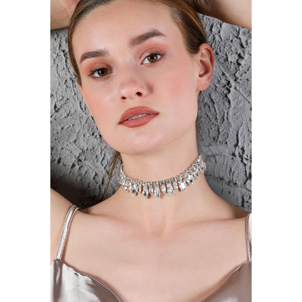 Women's Big Small Almond Zircon Stone Model Silver Diamond Evening Dress Wedding Engagement Bridal Necklace Leash Choker