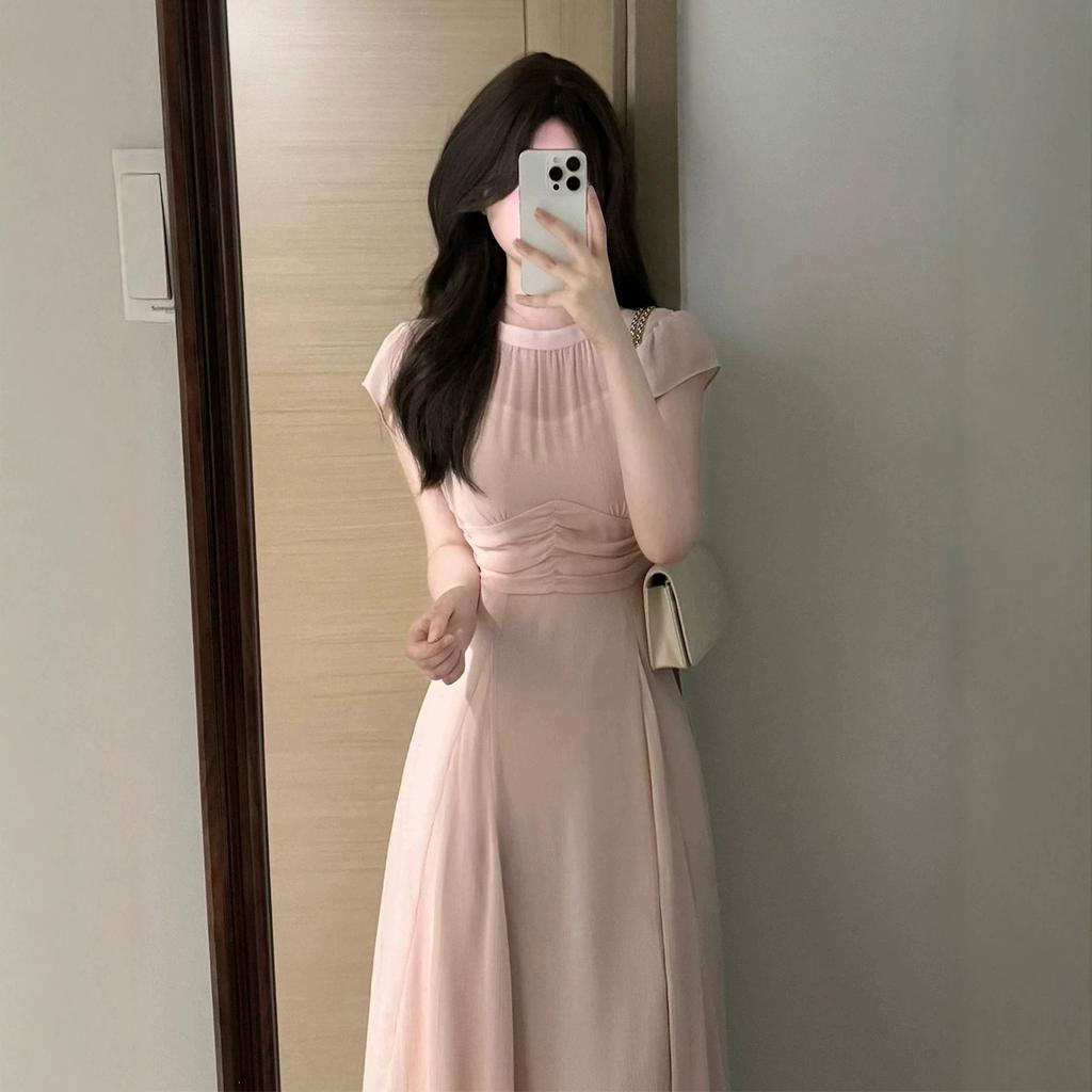 Beautiful and unique waist temperament long dress French gentle wind pink small flying sleeve dress summer beautiful small skirt