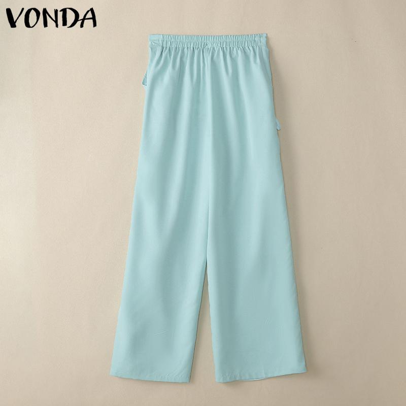 VONDA Women Summer Elastic Waist Drawstring Tie Solid Color Pants