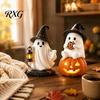 Miniature Ghost Statue Lighted Halloween Figurine, Spooky Resin Witch On Pumpkin/Holding Lantern Party Decoration with LED Light for Desktop Bookshelf