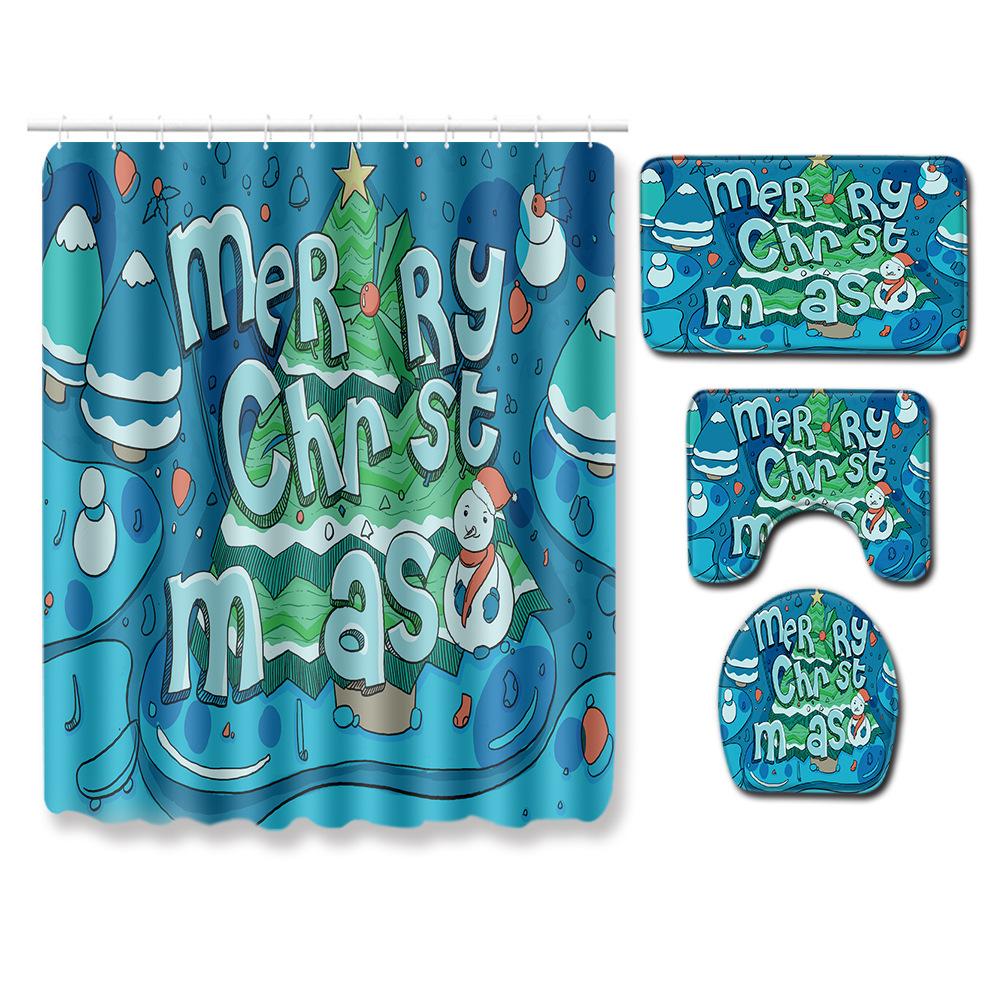 Christmas Shower Curtain Floor Mat Combination Four-Piece Set Bathroom Toilet Carpet Shower Room Mat Foot Mat