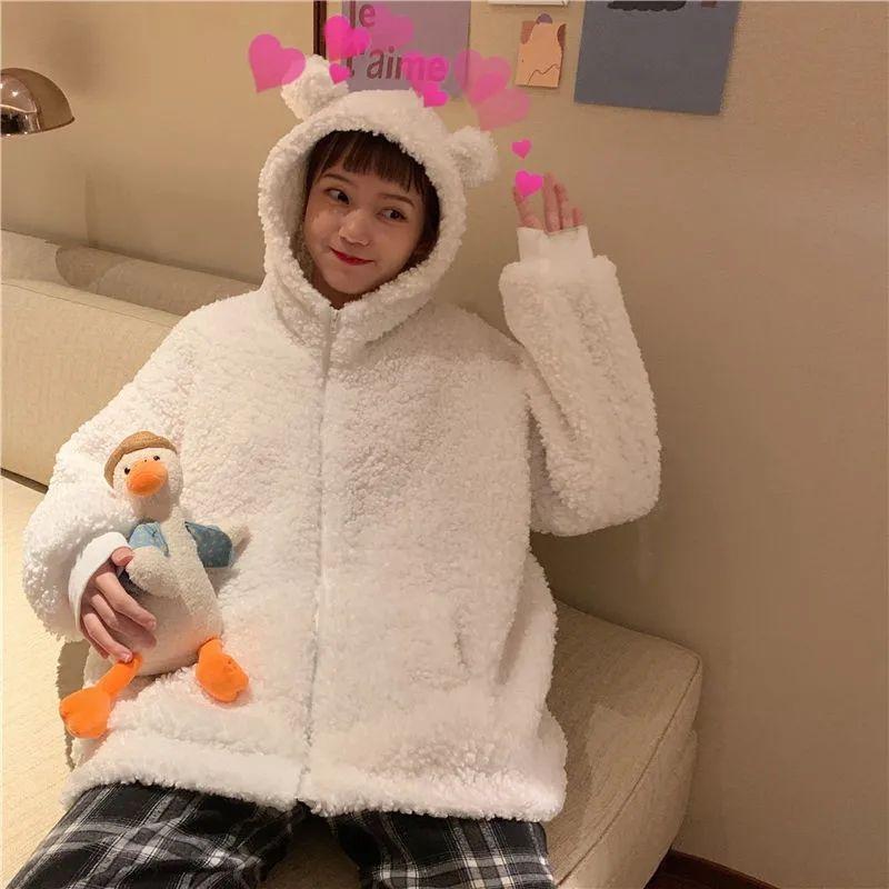 Harajuku Kawaii Zipper Hoodie Women Sweatshirt Japanese Frog Thick Oversized Lambs Wool Coats Trend Warm Winter Clothes