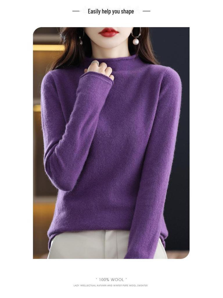 Женский свитер с полуворотом из мериносовой шерсти - 100% чистая шерсть, закрученный край, осенне-зимний трикотажный пуловер