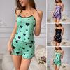 Women's Cami Pajama Set Heart Print Tank Top And Ruffle Hem Shorts Set Camisole Two Piece Lounge Set Summer Casual Sleepwear
