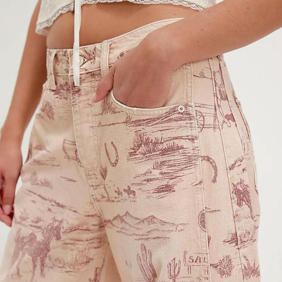 Джинсы-бочки для женщин, джинсы-бойфренды мешковатого кроя с цветочным принтом, повседневные джинсы из денима с широкими штанинами до щиколотки и средней посадкой