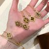 Vintage Floral Clovers Bracelet Earrings Necklace Set Copper Gold Plated Zirconia Jewelry Women