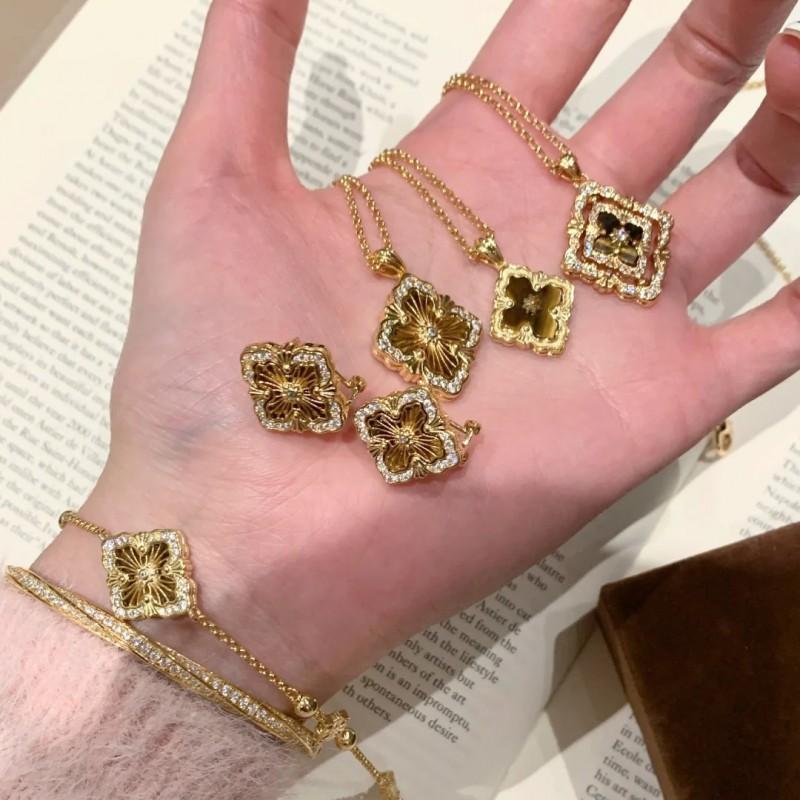 Vintage Floral Clovers Bracelet Earrings Necklace Set Copper Gold Plated Zirconia Jewelry Women
