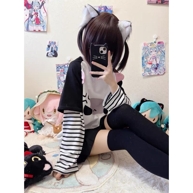 Y2k Harajuku Kawaii Полосатые футболки женские японские модные лоскутные футболки с мультяшным принтом топы женские весенние новинки