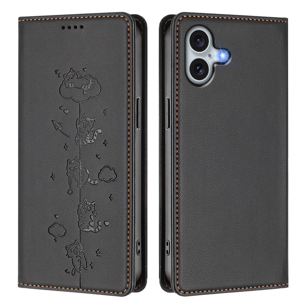 For iPhone 16 Plus Case RFID Blocking Wallet Stand Imprinted Cat Pattern Leather Phone Cover