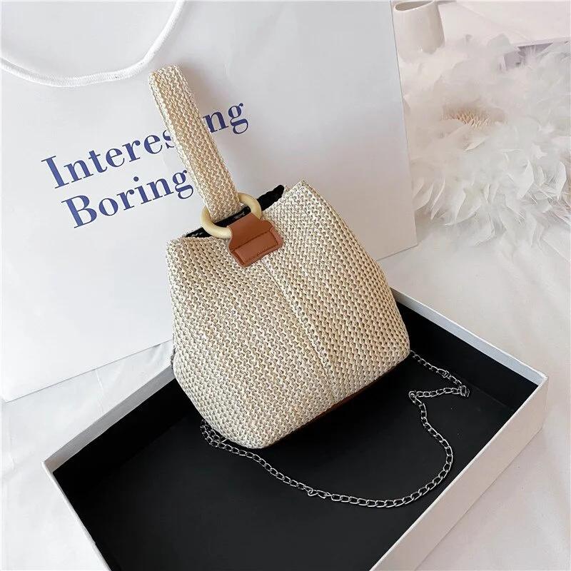 1 Pcs Women's Handheld One Shoulder Diagonal Straddle Bag Summer New Fashion Versatile PP Woven Chain Bucket Bag