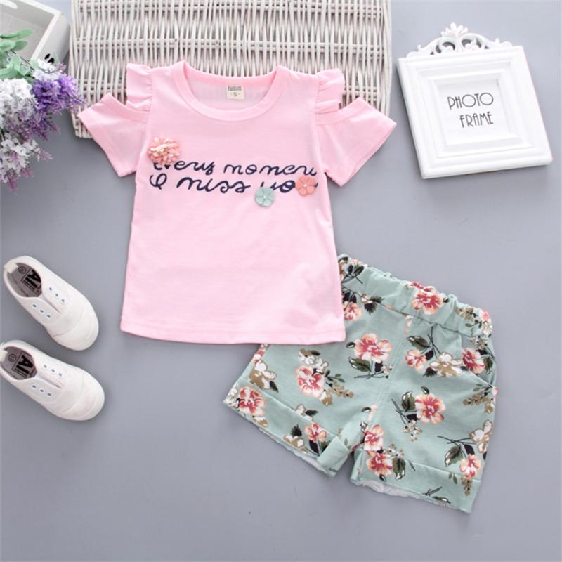 Комплекты одежды из двух предметов из хлопка для девочек, летние детские комплекты, повседневные цветочные наряды